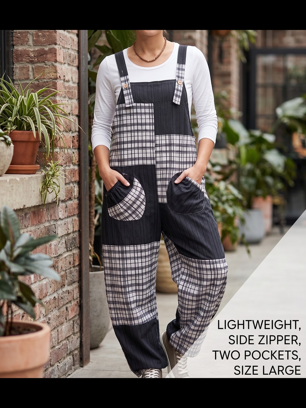 Plaid Patchwork Women's Overalls Jumpsuit - Black & White